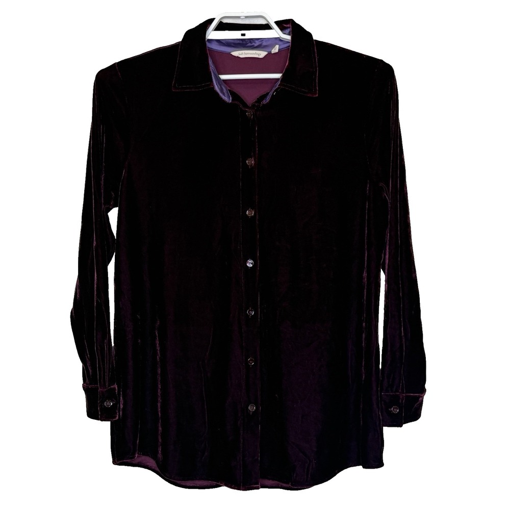 Soft Surroundings Velvet Boyfriend Tunic Top Large Maroon Button Front Festive